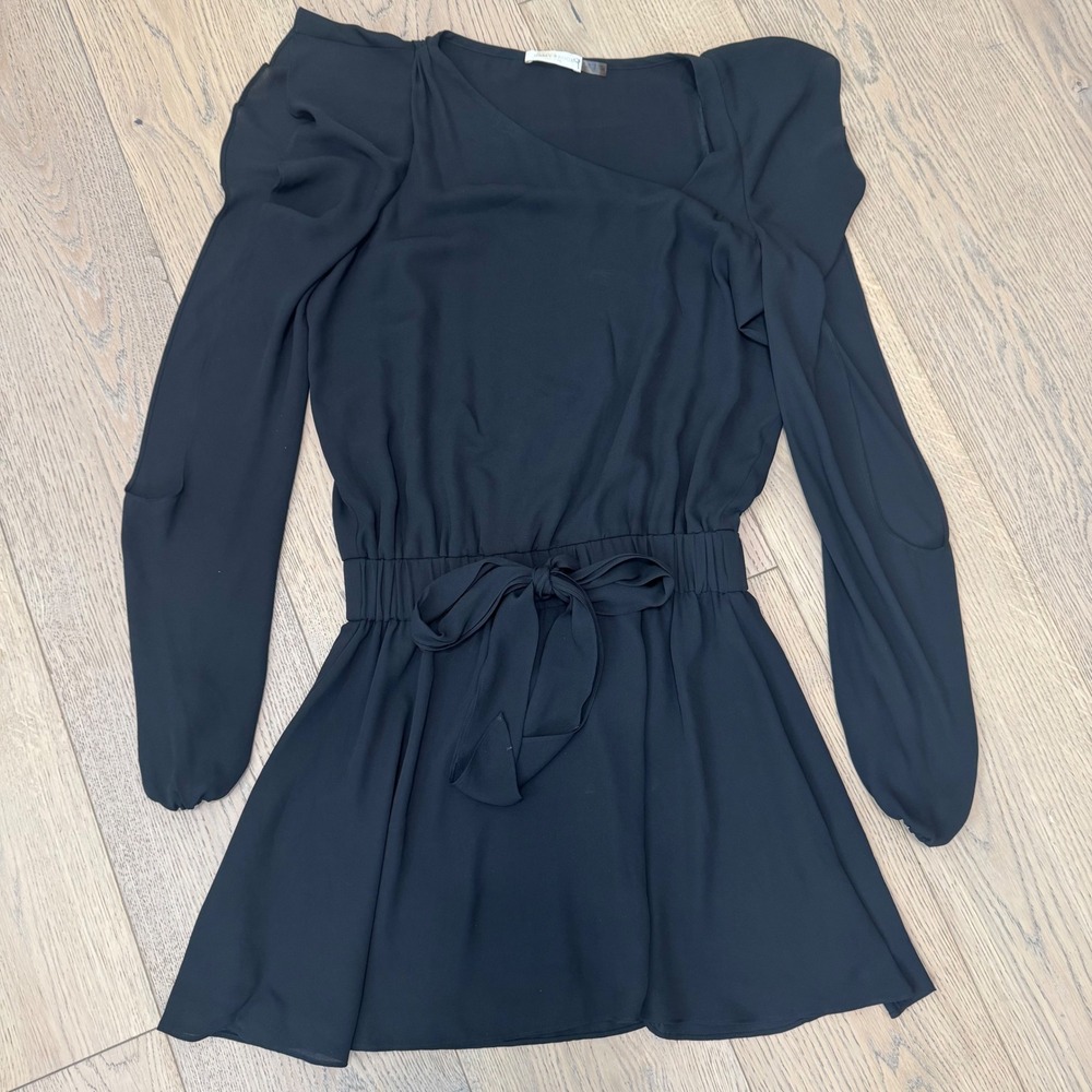 Ramy Brook Mini Dress Women Cold Shoulder XS Black Puff Sleeve Tie Waist Chiffon